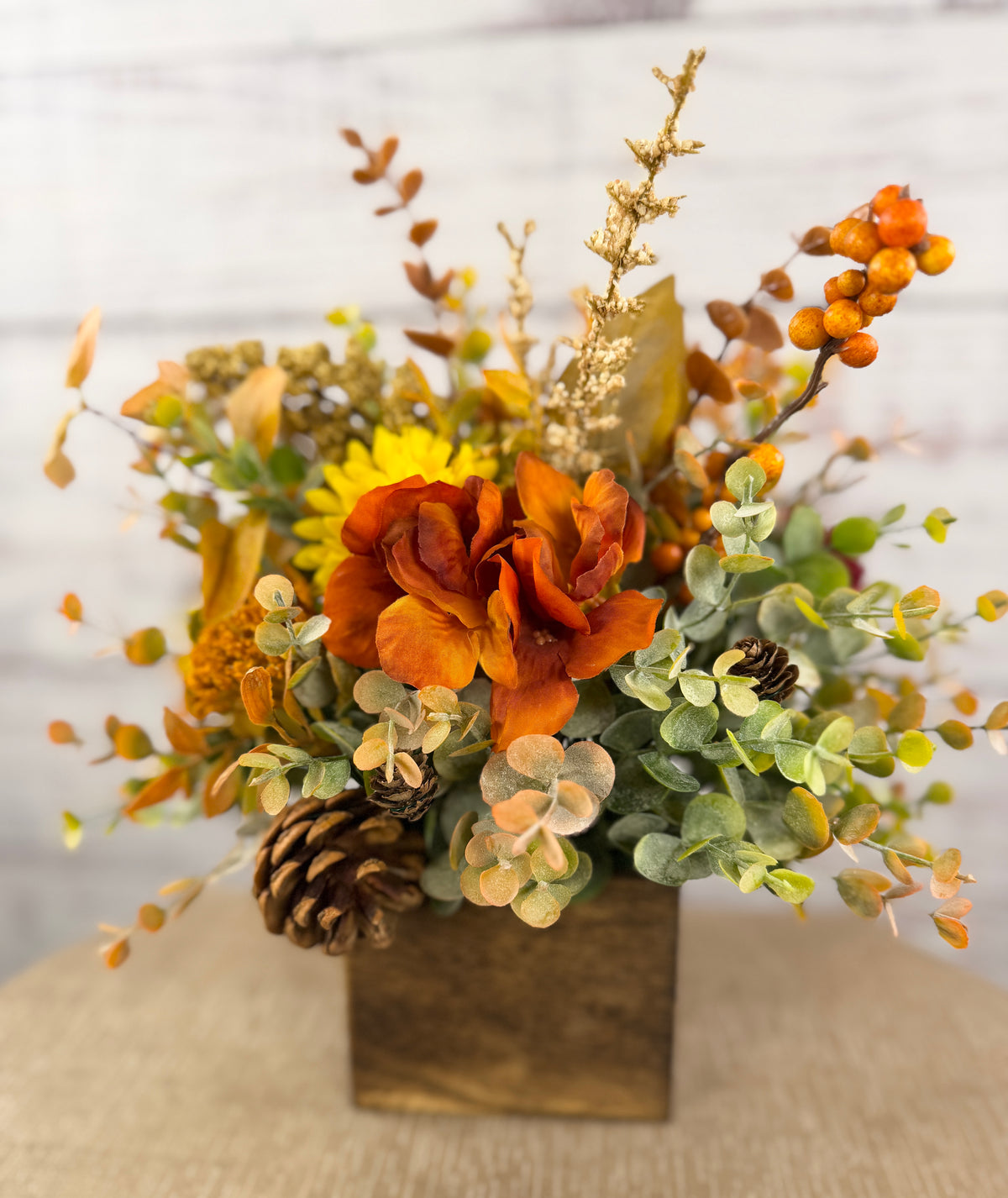 Autumn Grove Fall Floral Arrangement | Wood Cube Centerpiece