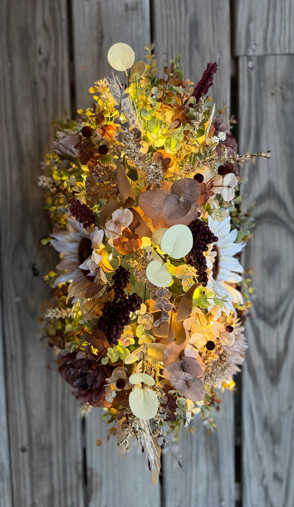 Lighted Sunflower Fall Floral Arrangement – Burgundy & Mauve Wood Trough