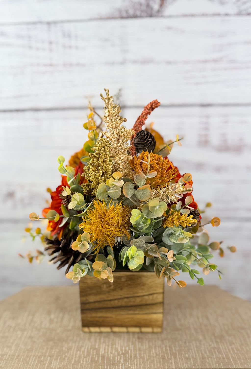Copper Grove Fall Floral Arrangement in Wood Cube Box