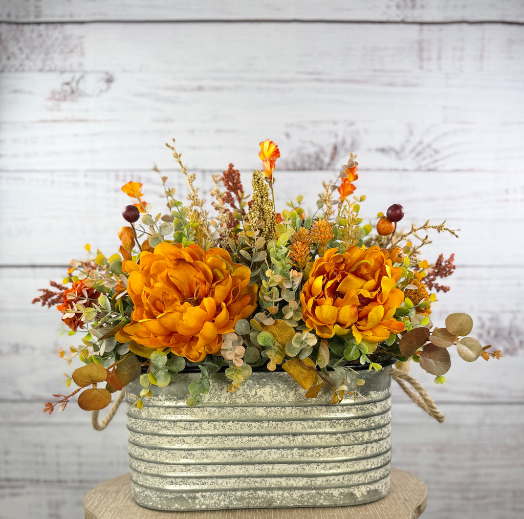 Golden Prairie – Fall Floral Arrangement in Rustic Galvanized Oval Bucket