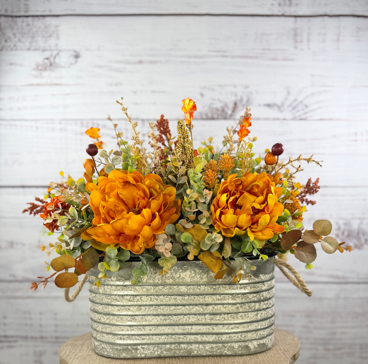 Golden Prairie – Fall Floral Arrangement in Rustic Galvanized Oval Bucket