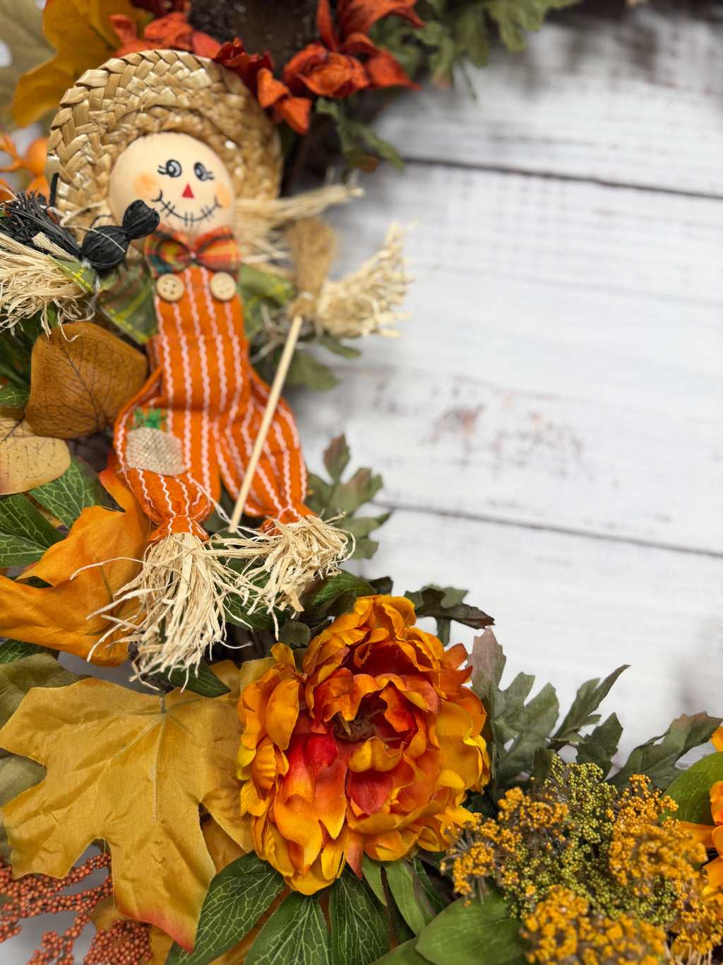 Oversized Scarecrow Sunflower Fall Wreath | Orange, Yellow, Rust & Cream | 34” Round