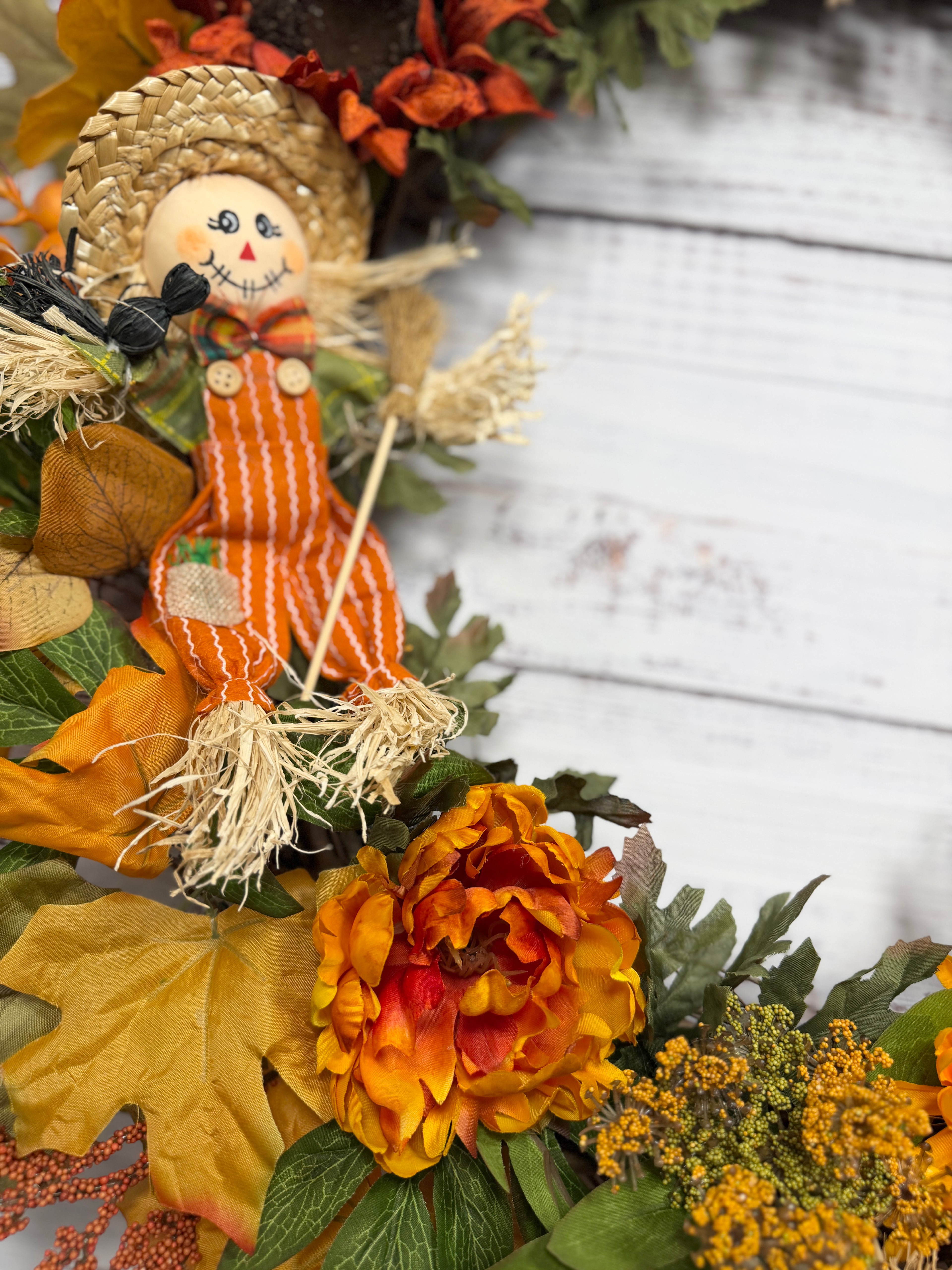 Oversized Scarecrow Sunflower Fall Wreath | Orange, Yellow, Rust & Cream | 34” Round