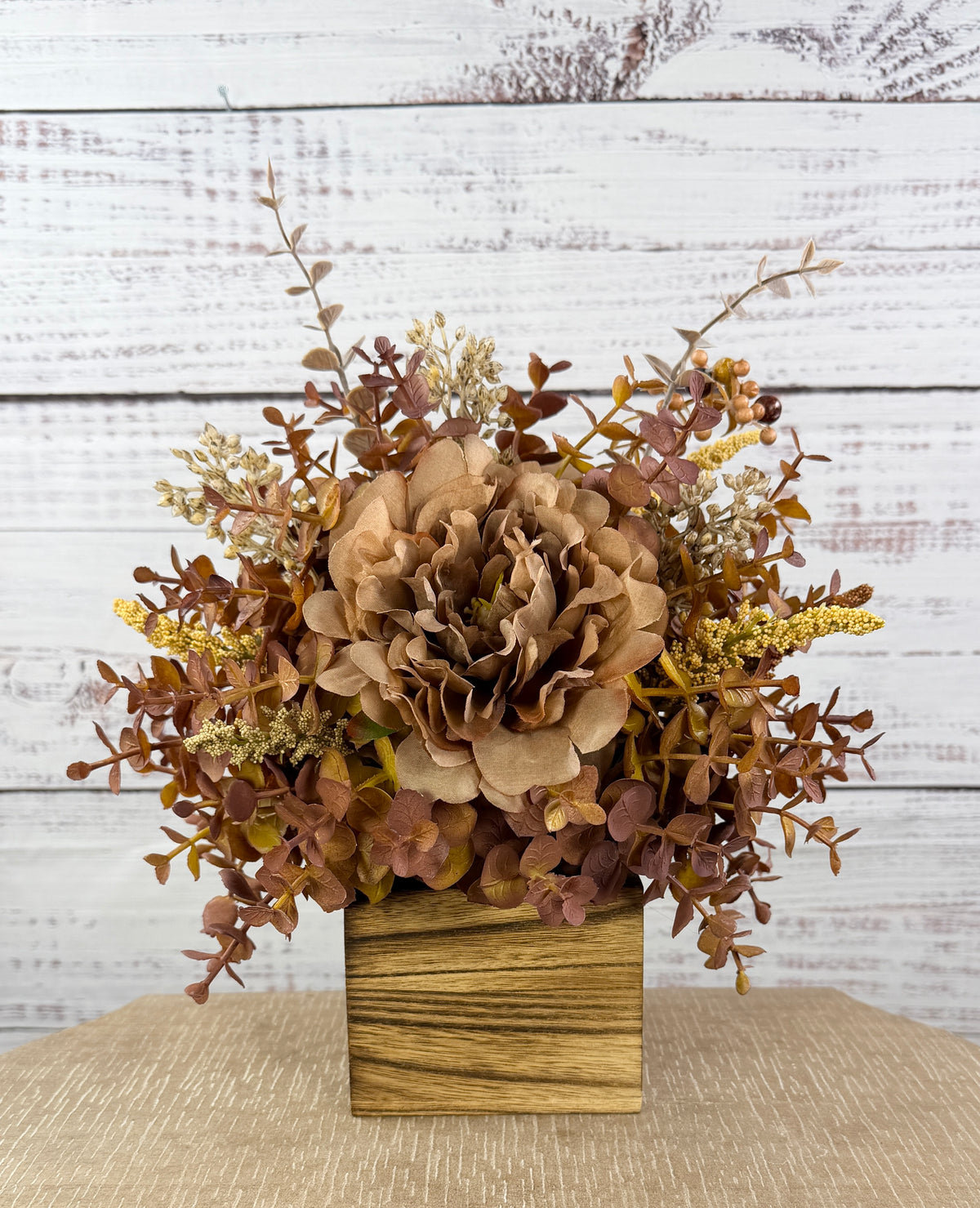 Autumn Mocha Fall Floral Arrangement – Rustic Wood Cube Centerpiece