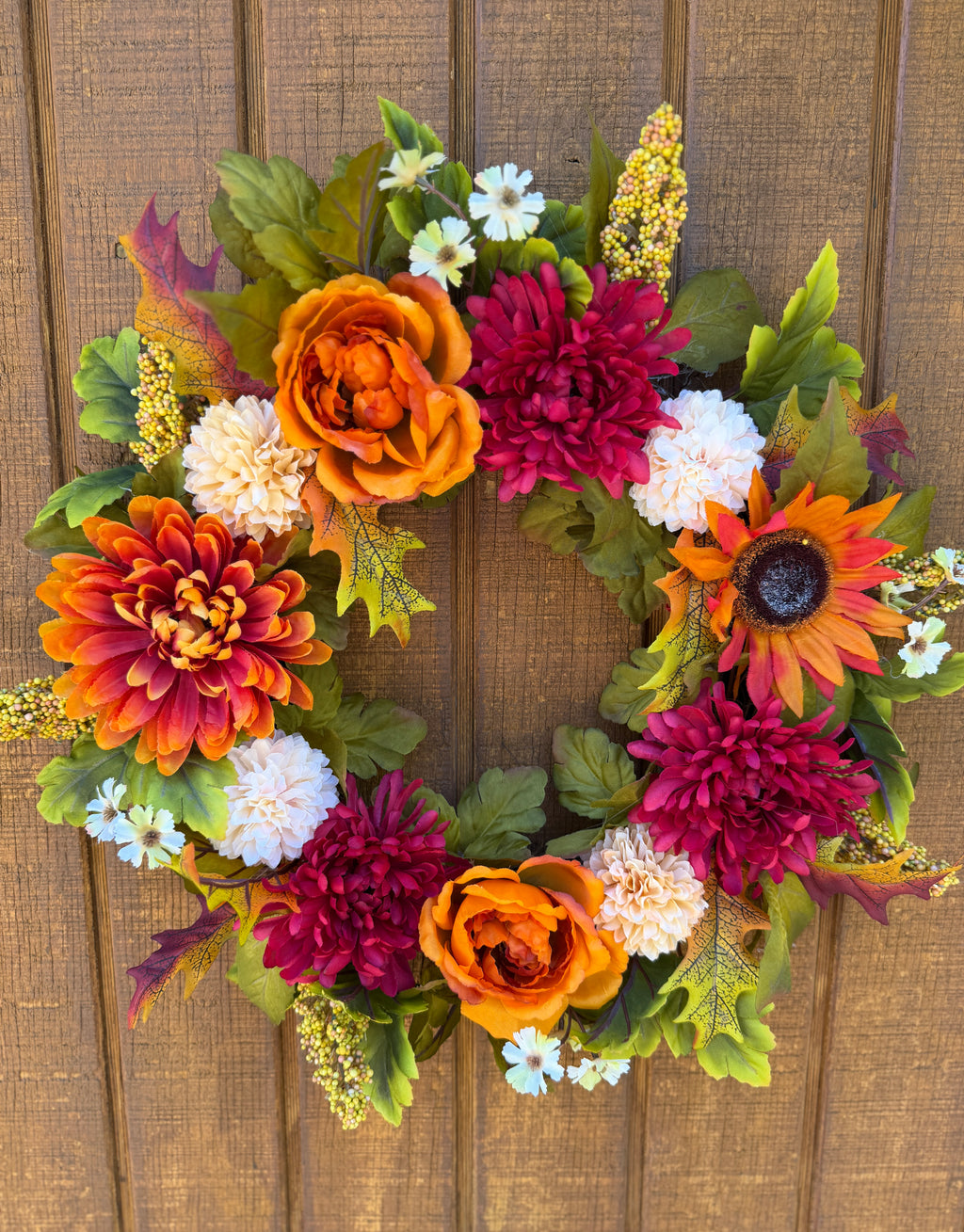 Burgundy Mum & Orange Rose Fall Wreath | Burgundy, Orange & Cream