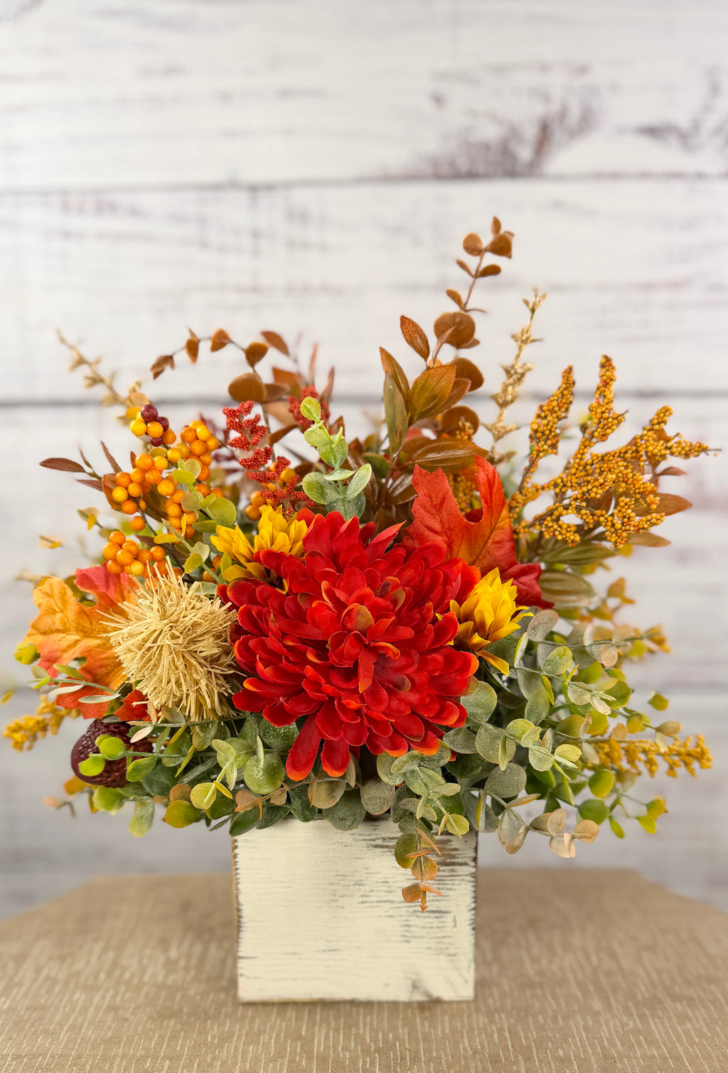 Crimson Harvest – Rustic Fall Floral Arrangement in White Wood Cube