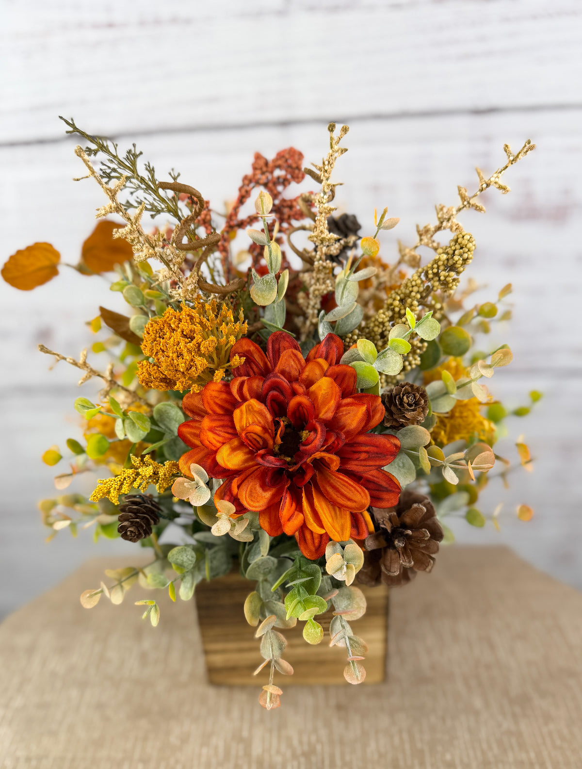 Copper Grove Fall Floral Arrangement in Wood Cube Box