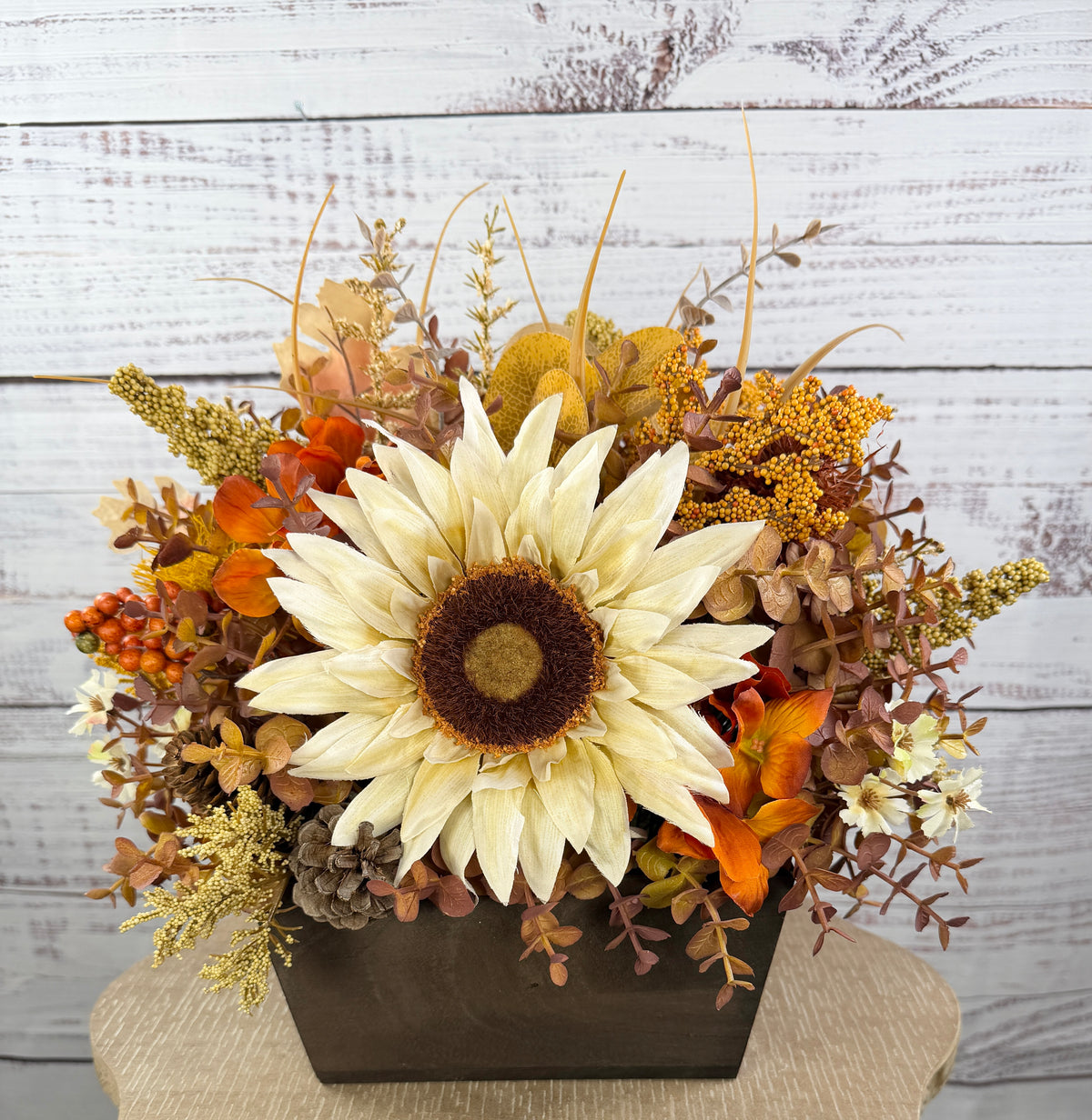 October Sun – Fall Sunflower Wood Trough Arrangement