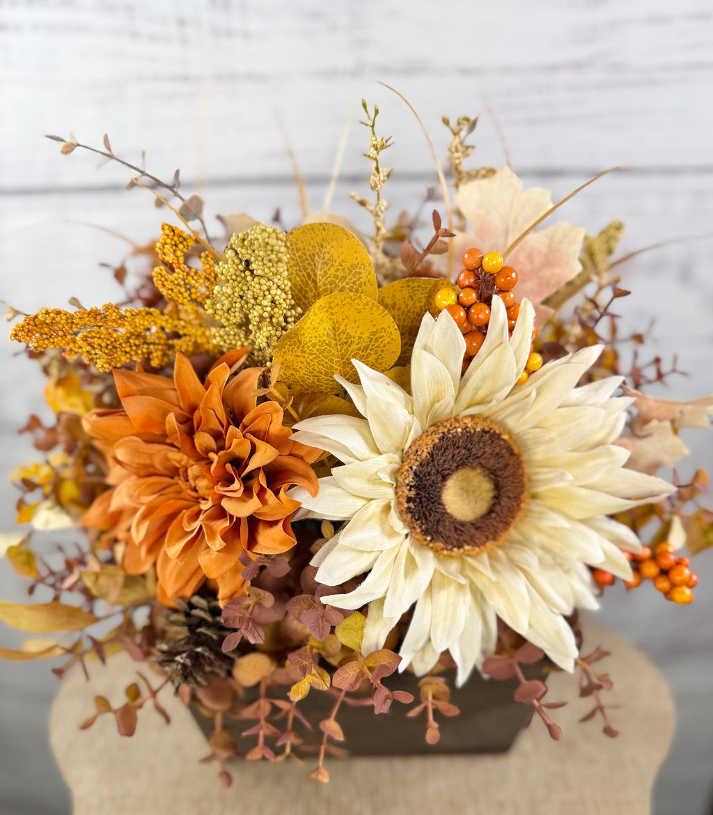October Sun – Fall Sunflower Wood Trough Arrangement