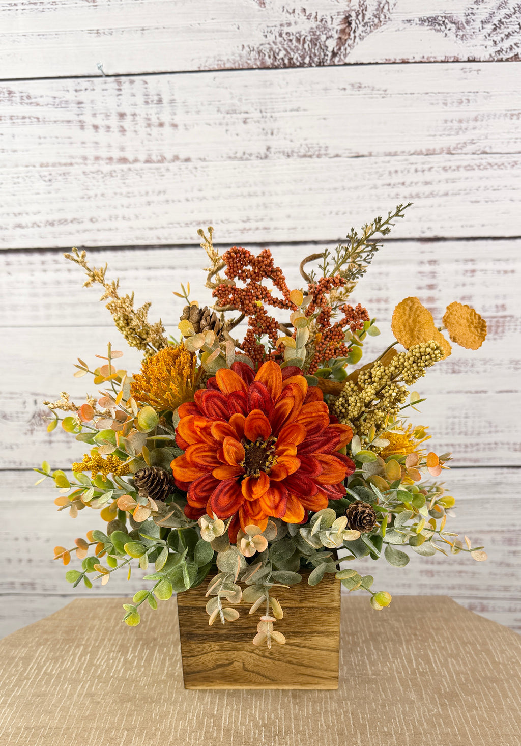 Copper Grove Fall Floral Arrangement in Wood Cube Box