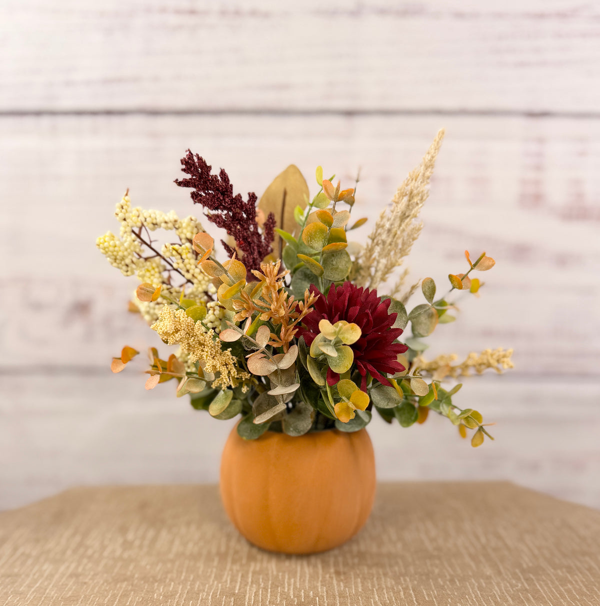 Burgundy Pumpkin Patch – Terracotta Pumpkin Fall Floral Arrangement