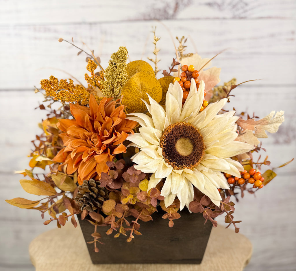 October Sun – Fall Sunflower Wood Trough Arrangement