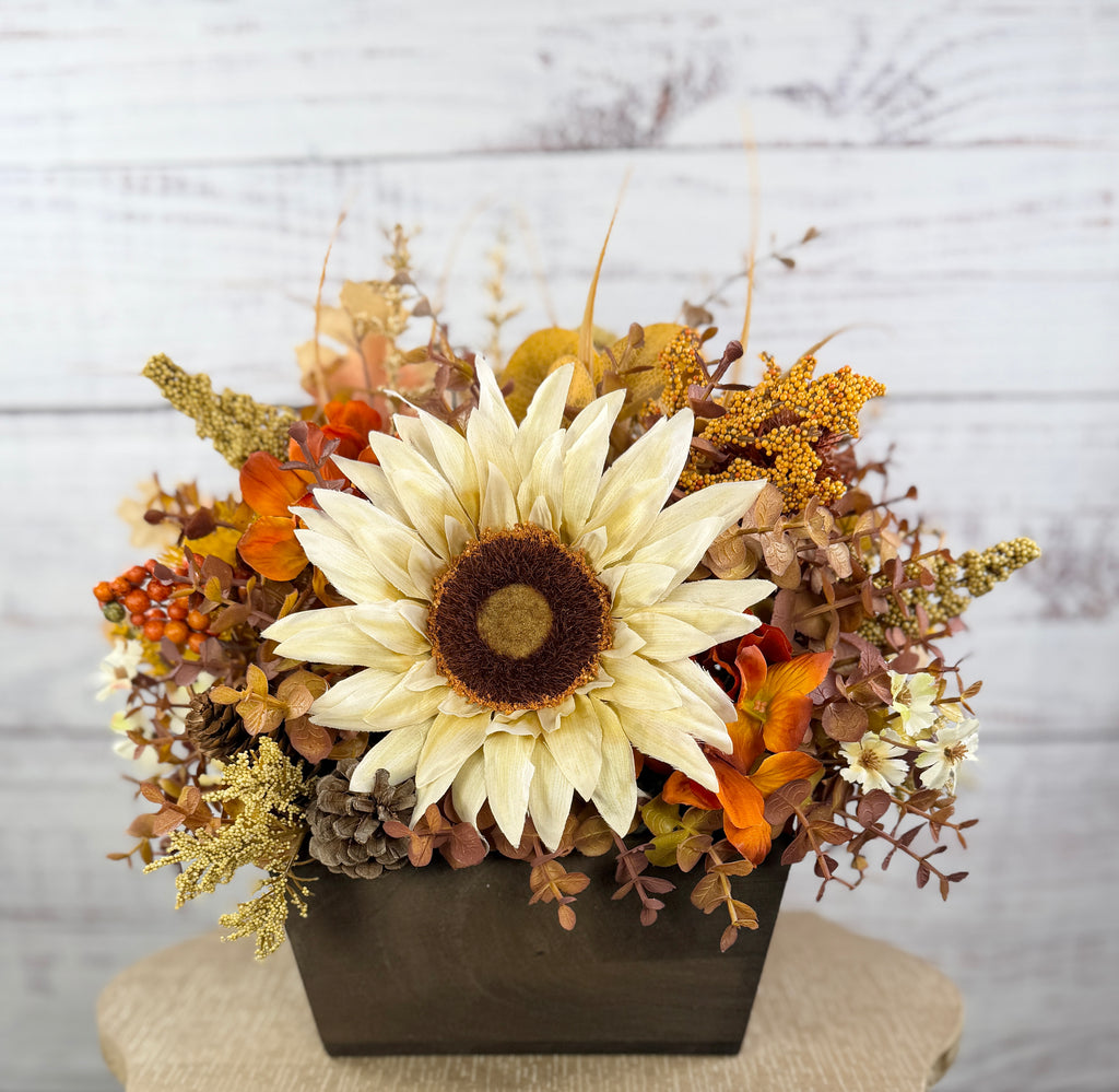October Sun – Fall Sunflower Wood Trough Arrangement
