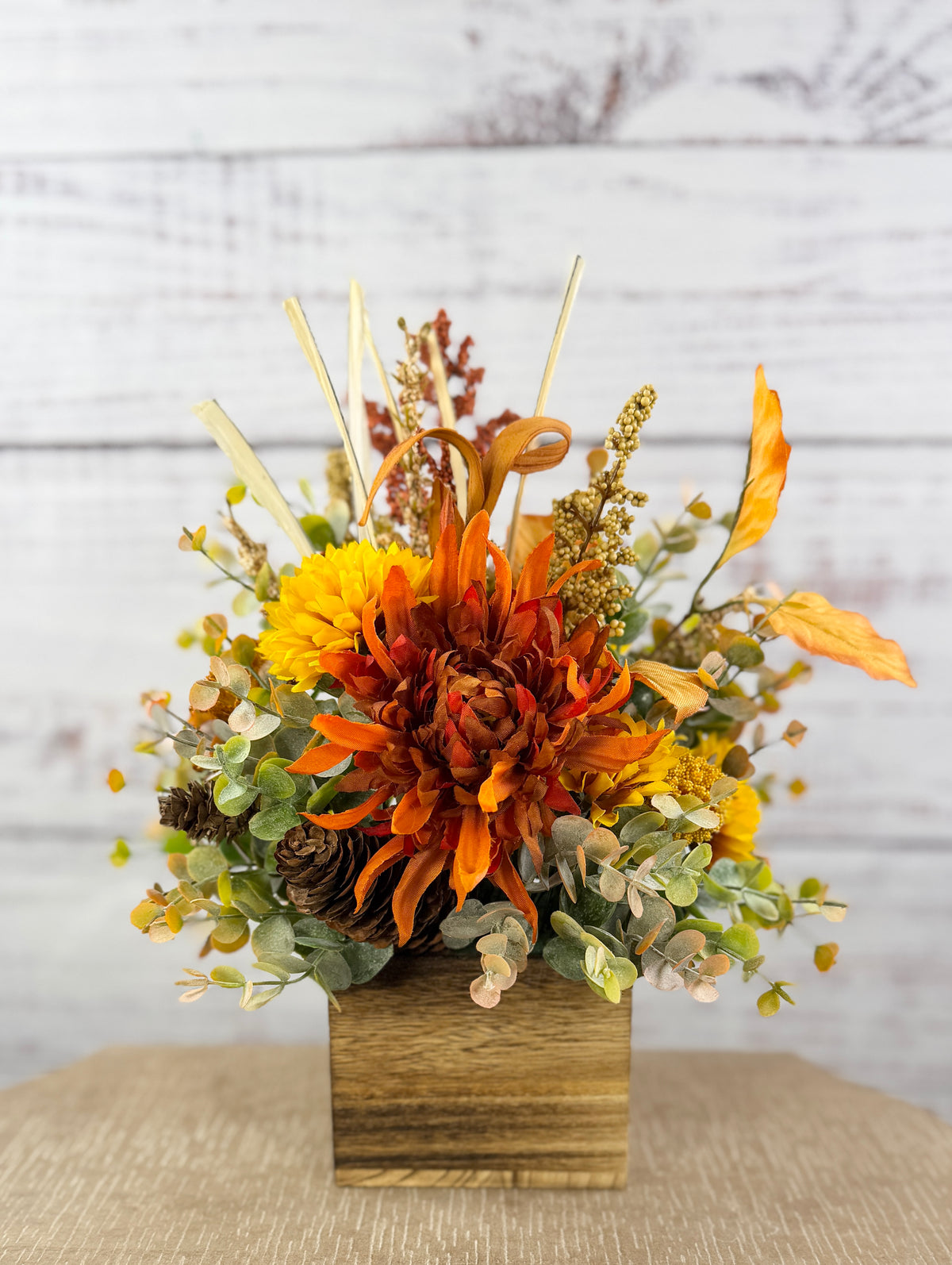 Cider Bloom – Fall Floral Arrangement in Wood Cube Box
