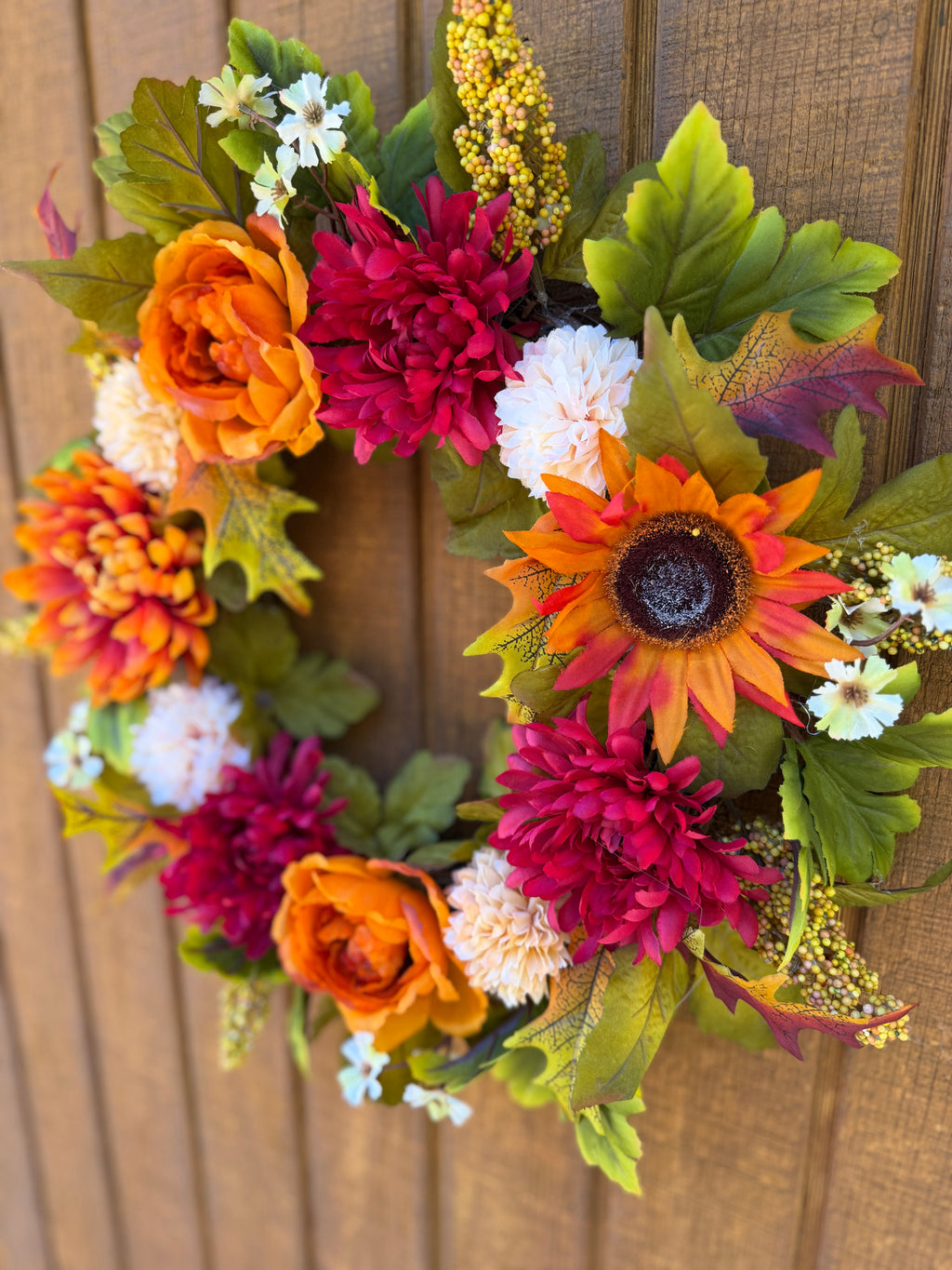Burgundy Mum & Orange Rose Fall Wreath | Burgundy, Orange & Cream