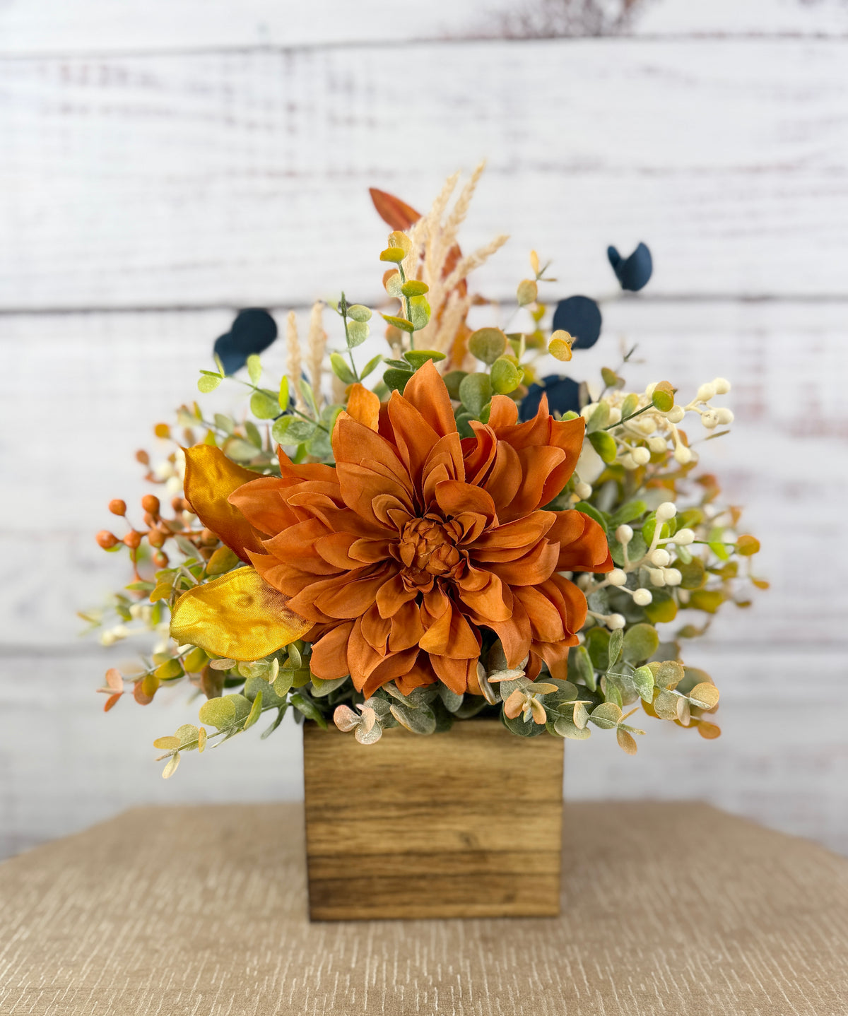Autumn Blue Fall Floral Arrangement in Wood Cube