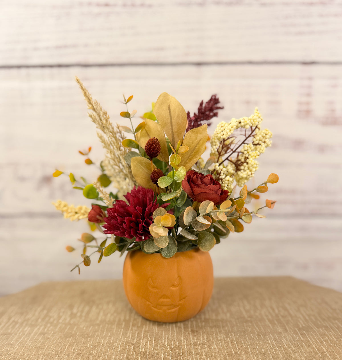 Burgundy Pumpkin Patch – Terracotta Pumpkin Fall Floral Arrangement