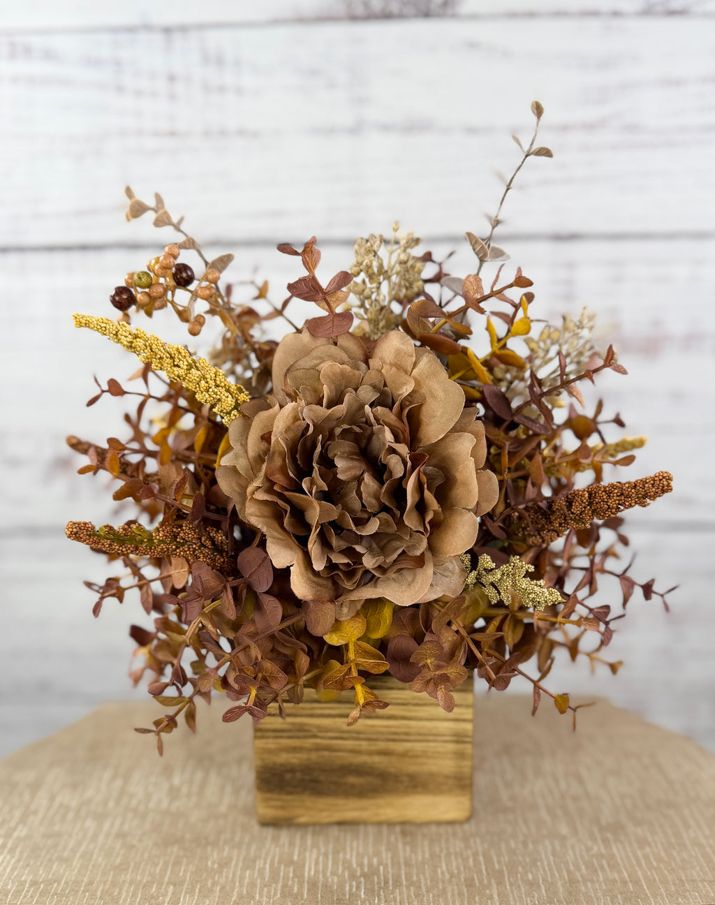 Autumn Mocha Fall Floral Arrangement – Rustic Wood Cube Centerpiece