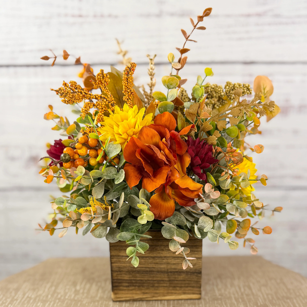 Autumn Grove Fall Floral Arrangement | Wood Cube Centerpiece