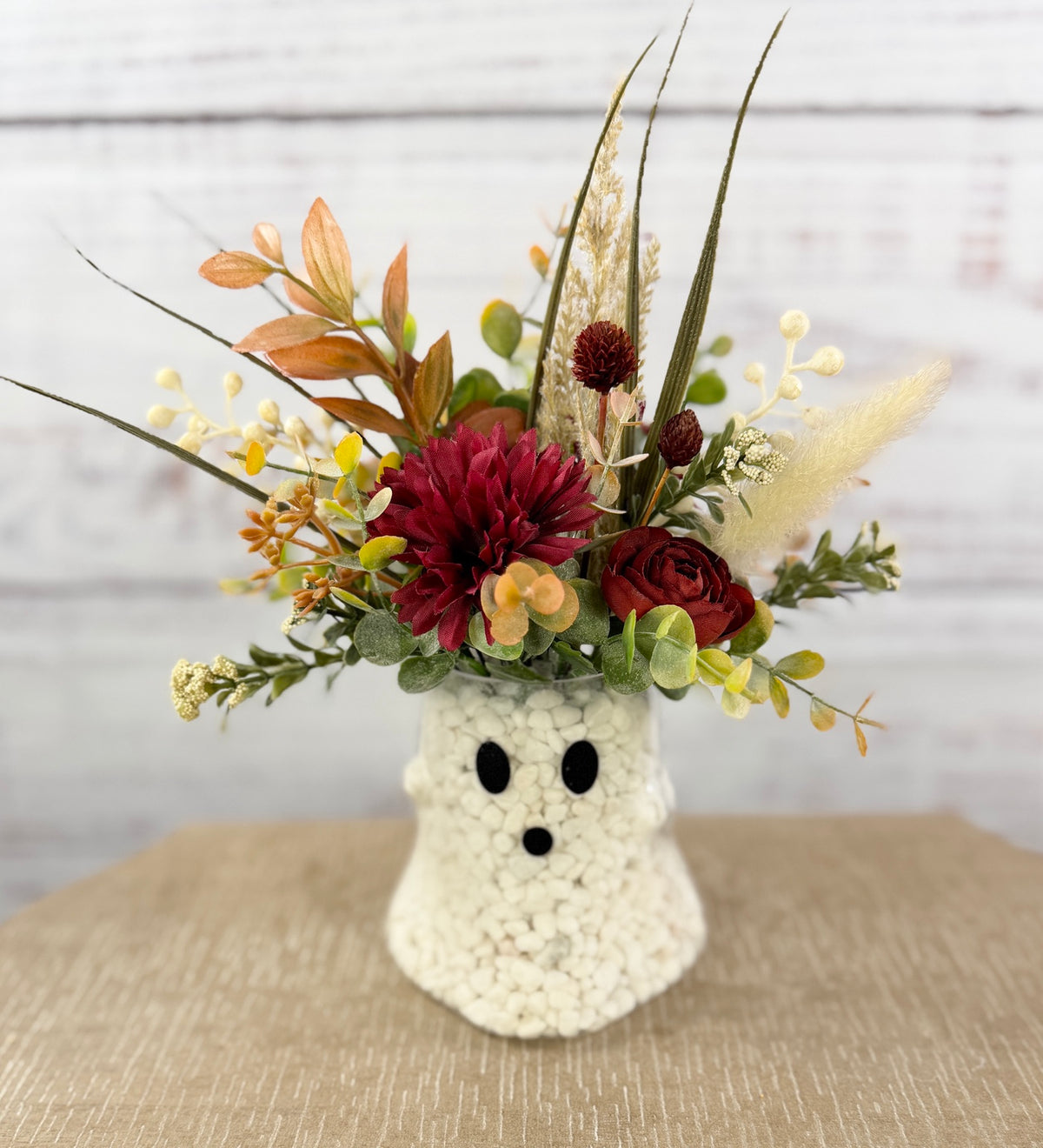 Fall Ghost Floral Arrangement – Burgundy & Rust Autumn Decor