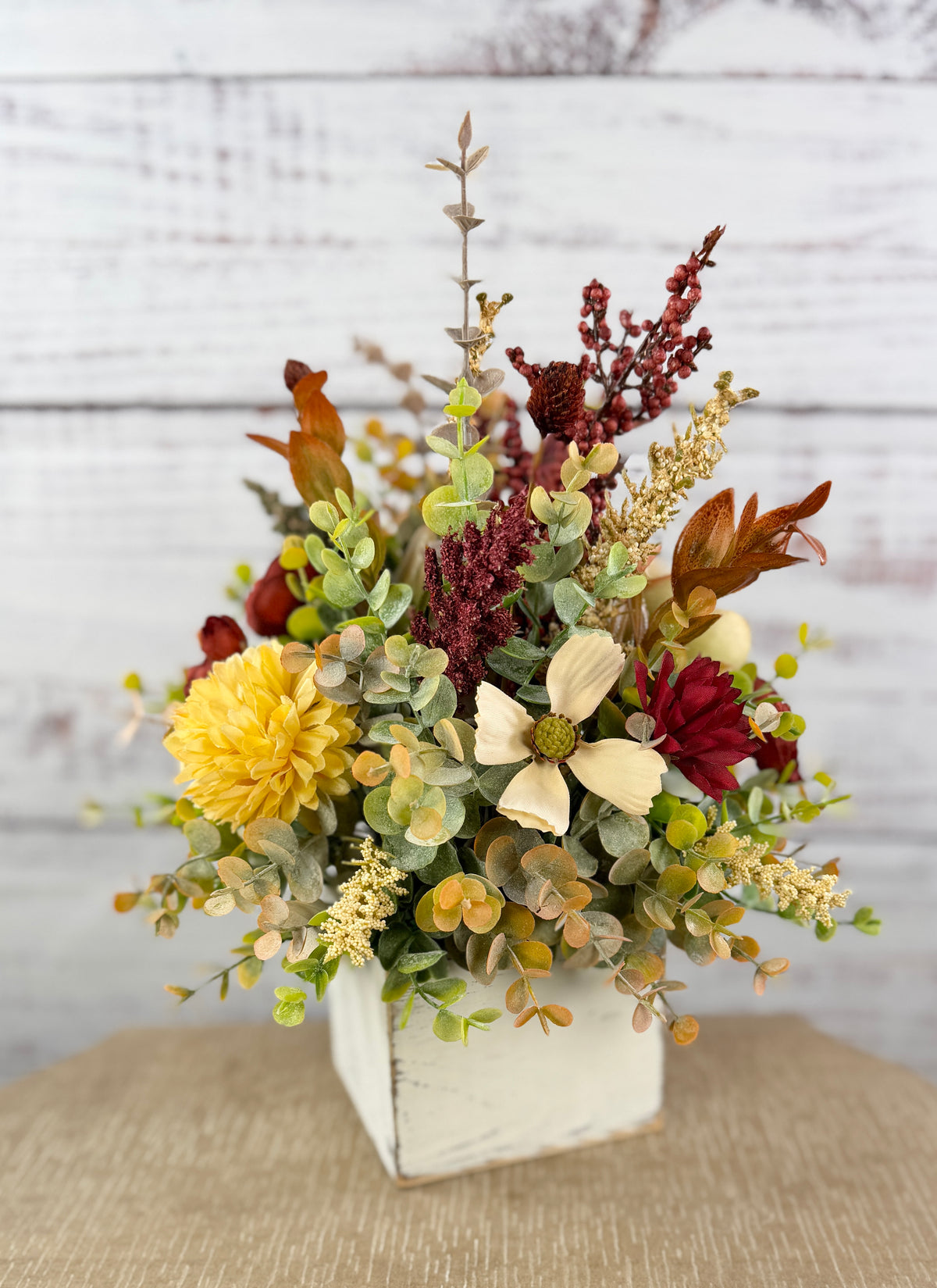 Cottage Crimson – Fall Floral Arrangement in Distressed Wood Cube