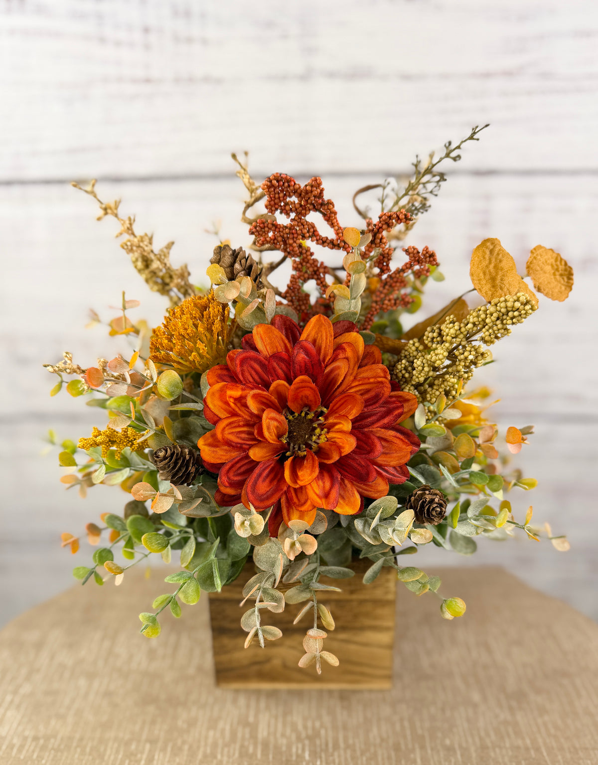 Copper Grove Fall Floral Arrangement in Wood Cube Box