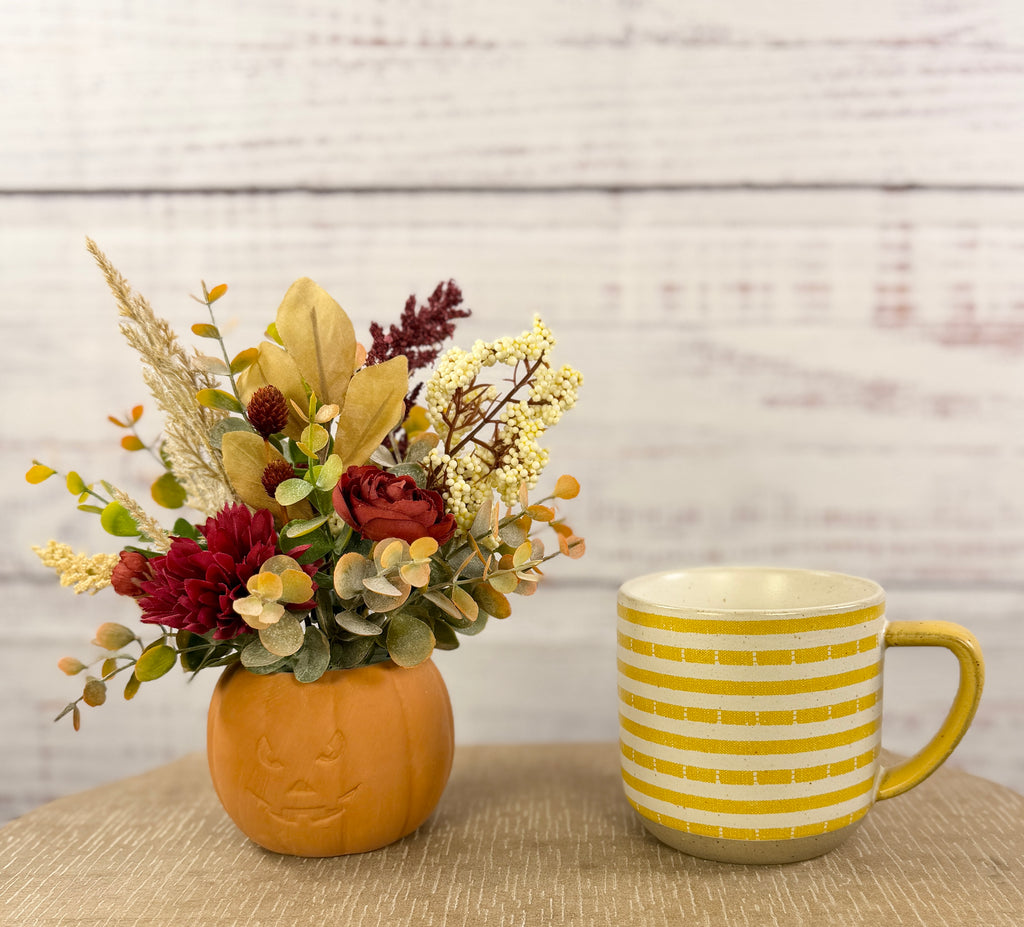 Burgundy Pumpkin Patch – Terracotta Pumpkin Fall Floral Arrangement