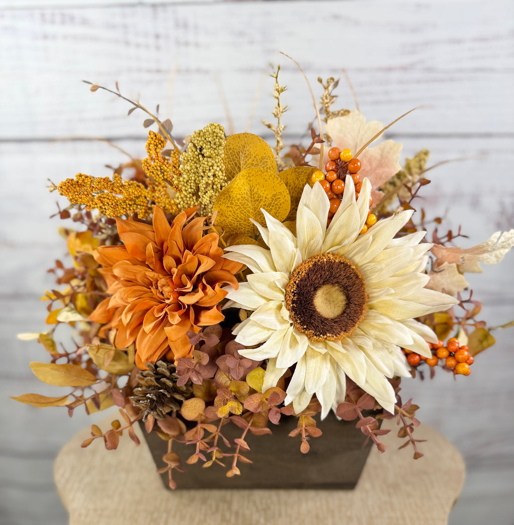 October Sun – Fall Sunflower Wood Trough Arrangement