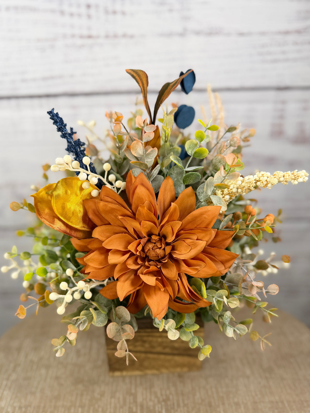Copper Meadow Fall Floral Arrangement in Wood Cube