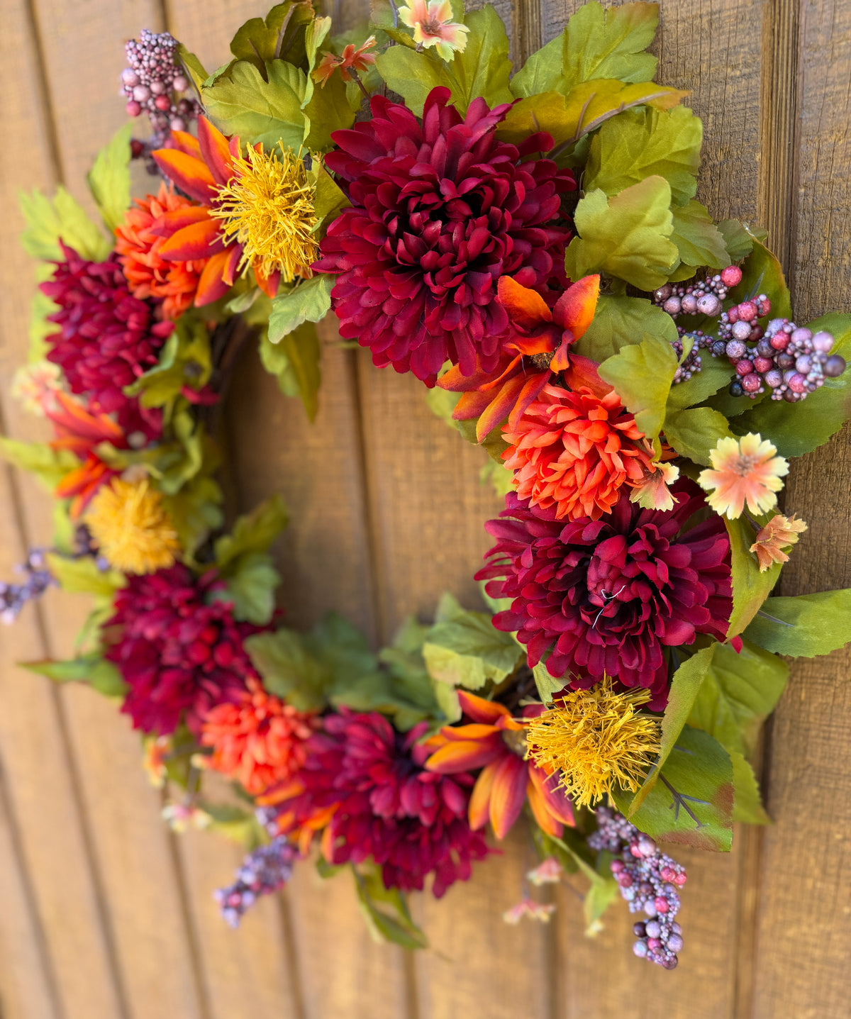 Burgundy Mum Fall Wreath | Burgundy, Orange & Olive Green