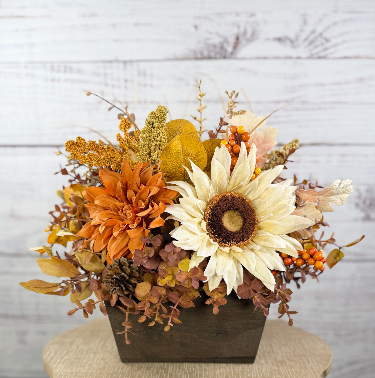 October Sun – Fall Sunflower Wood Trough Arrangement