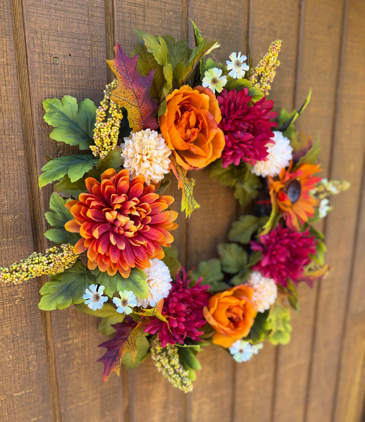 Burgundy Mum & Orange Rose Fall Wreath | Burgundy, Orange & Cream