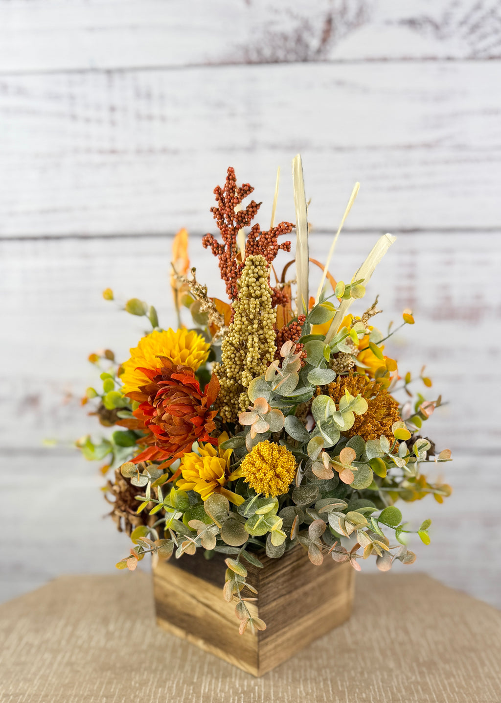 Cider Bloom – Fall Floral Arrangement in Wood Cube Box