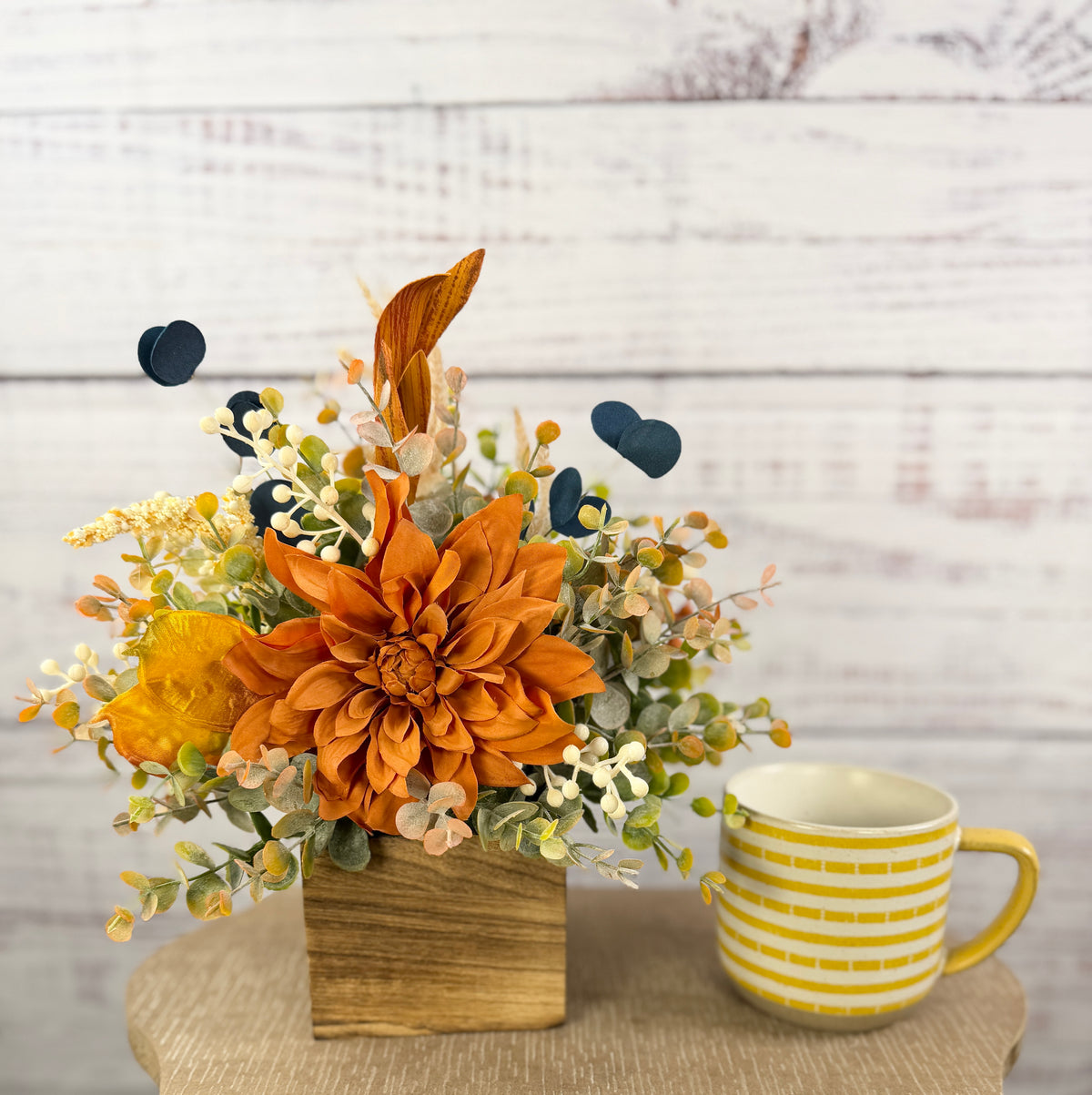 Autumn Blue Fall Floral Arrangement in Wood Cube