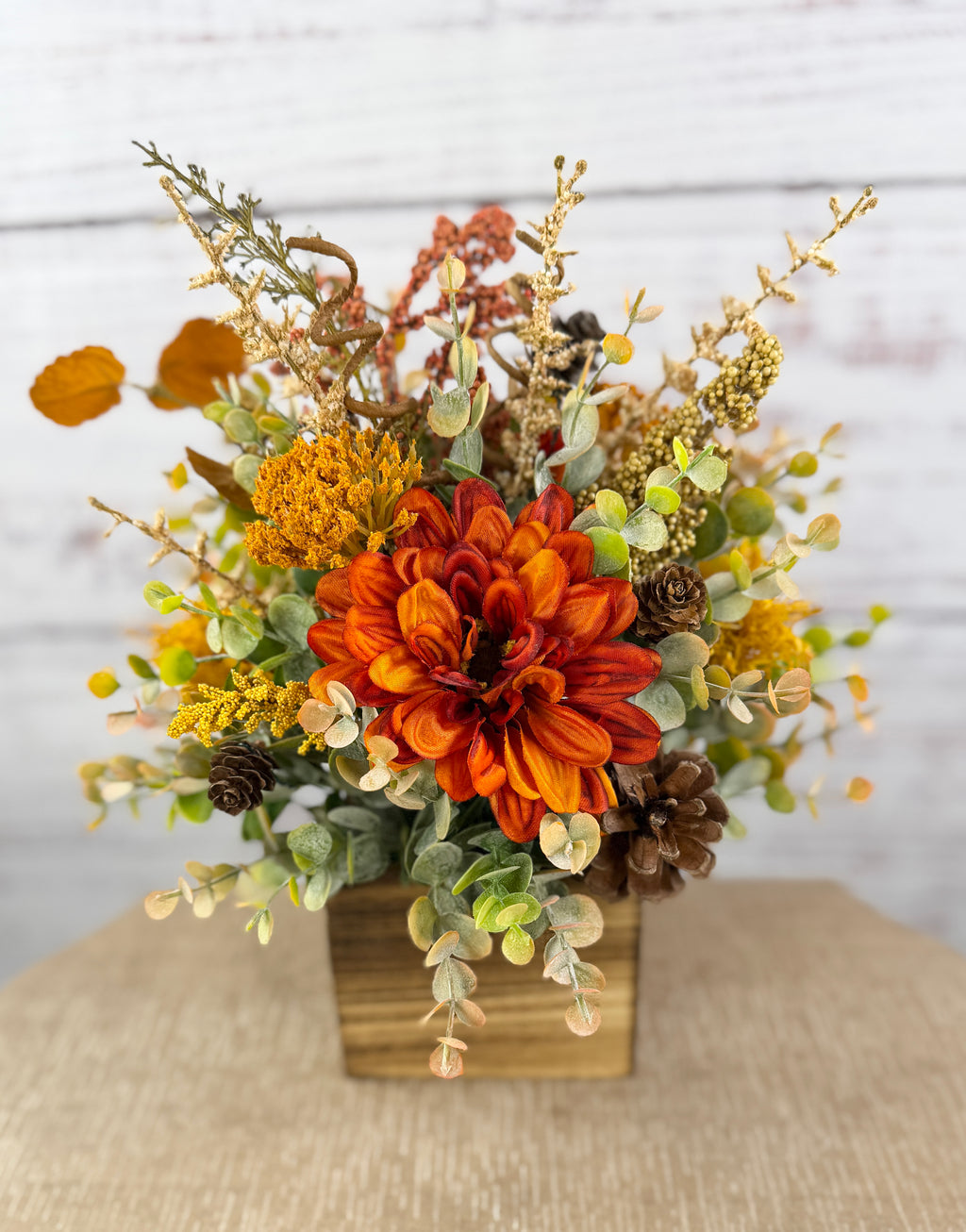 Copper Grove Fall Floral Arrangement in Wood Cube Box