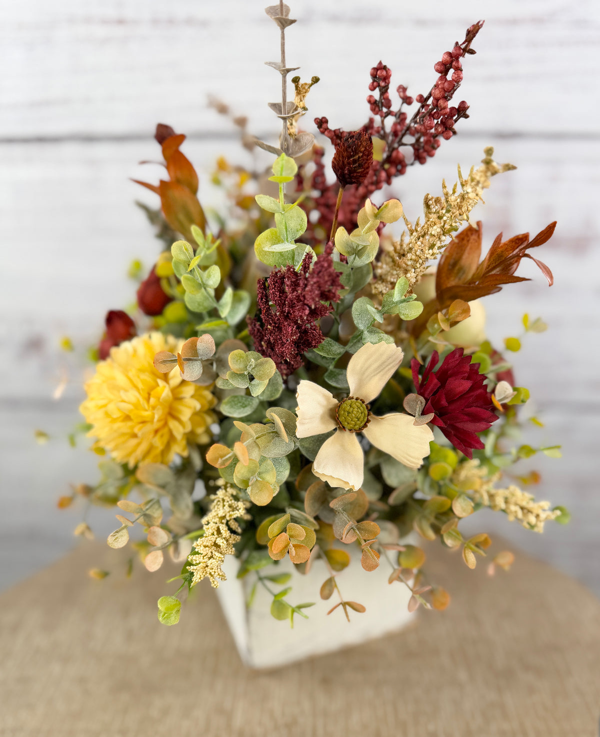 Cottage Crimson – Fall Floral Arrangement in Distressed Wood Cube
