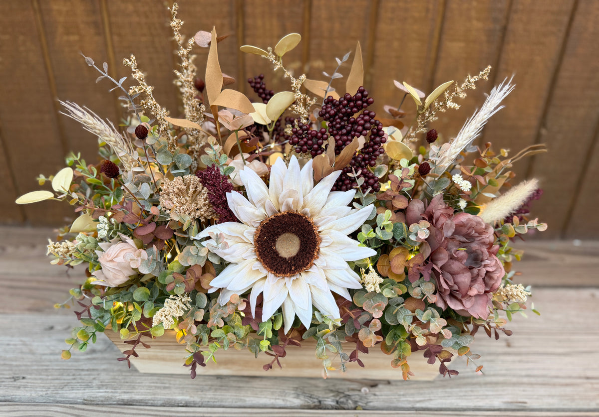 Lighted Sunflower Fall Floral Arrangement – Burgundy & Mauve Wood Trough