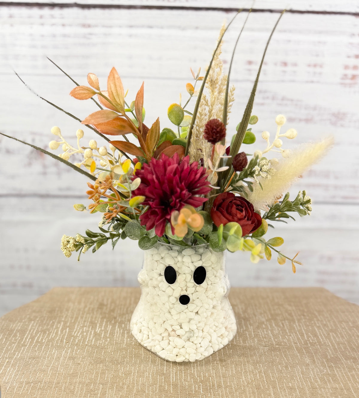 Fall Ghost Floral Arrangement – Burgundy & Rust Autumn Decor