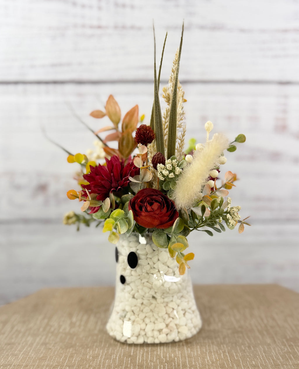 Fall Ghost Floral Arrangement – Burgundy & Rust Autumn Decor