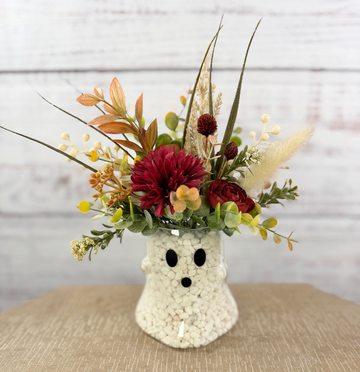 Fall Ghost Floral Arrangement – Burgundy & Rust Autumn Decor