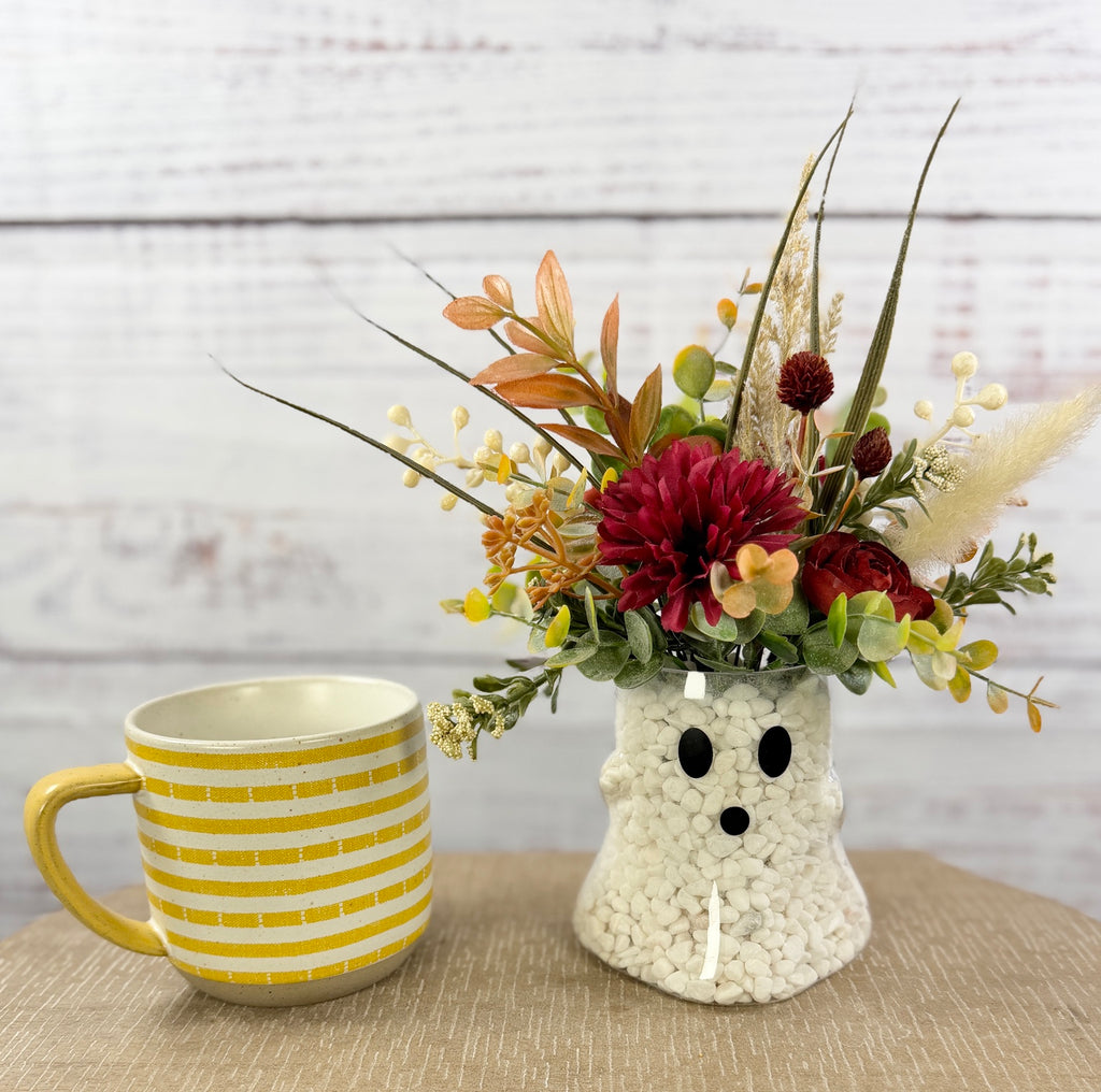 Fall Ghost Floral Arrangement – Burgundy & Rust Autumn Decor