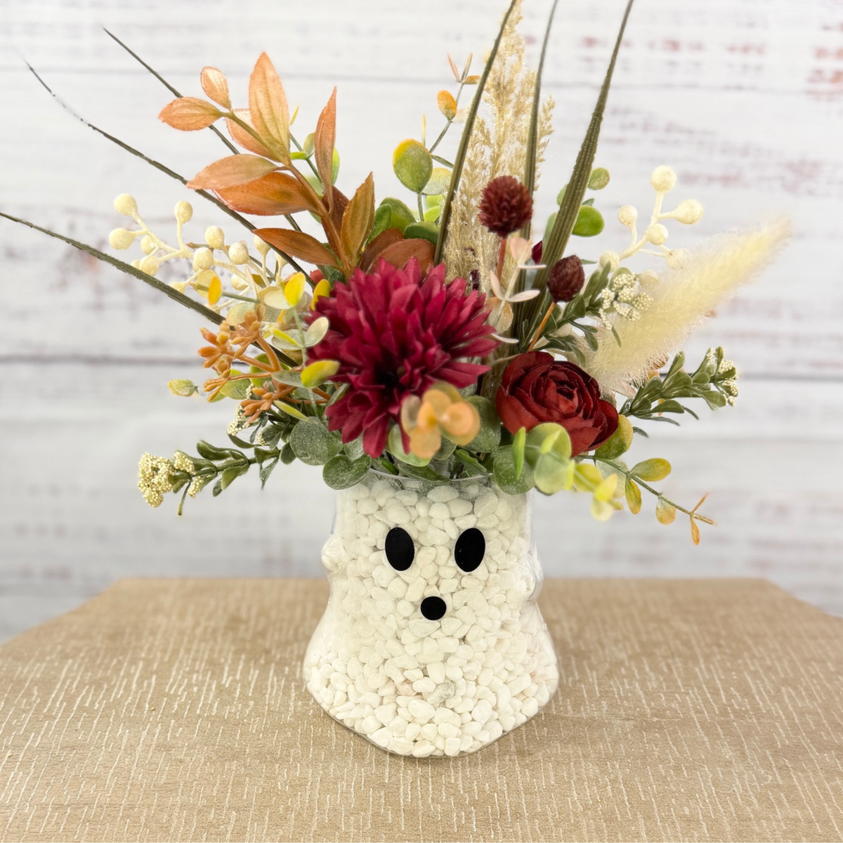 Fall Ghost Floral Arrangement – Burgundy & Rust Autumn Decor
