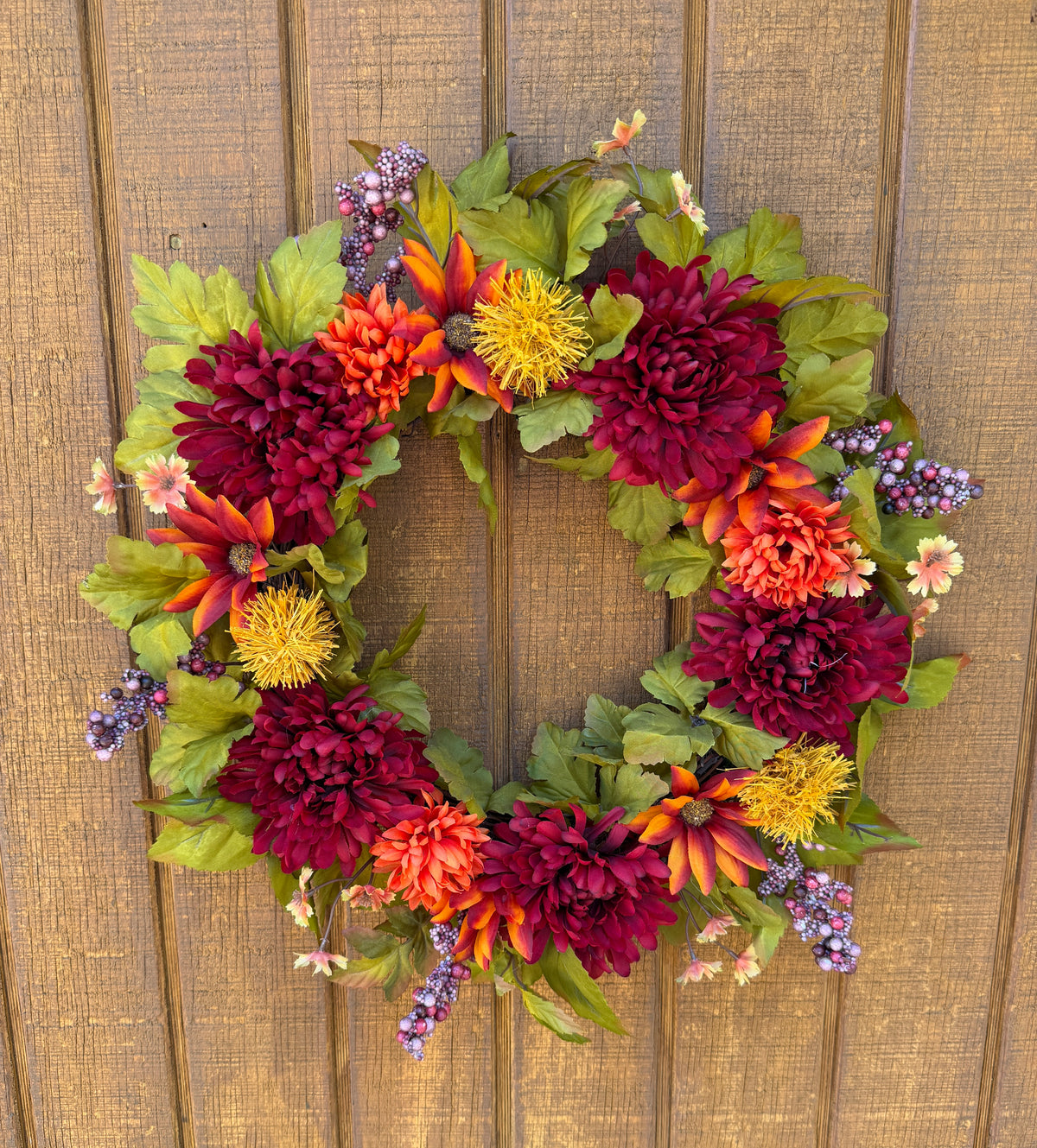 Burgundy Mum Fall Wreath | Burgundy, Orange & Olive Green