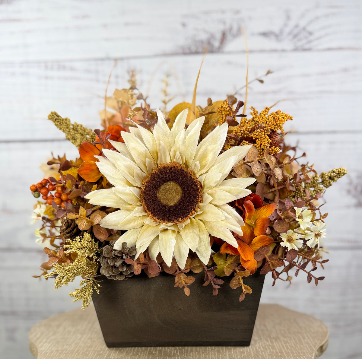 October Sun – Fall Sunflower Wood Trough Arrangement