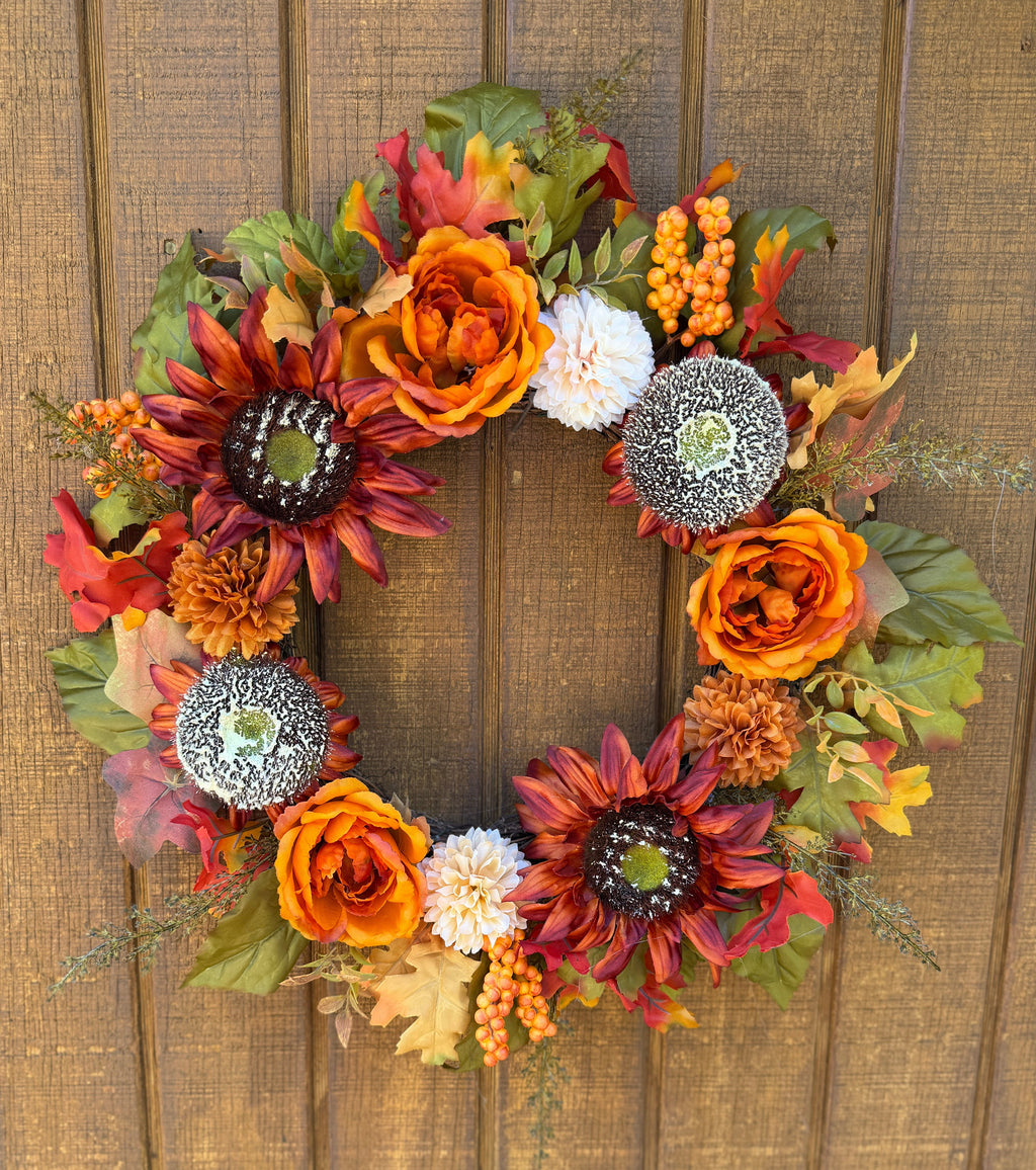 Burnt Orange Rose Fall Wreath | Orange, Rust & Olive Green