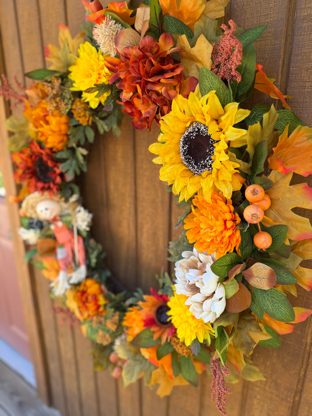 Oversized Scarecrow Sunflower Fall Wreath | Orange, Yellow, Rust & Cream | 34” Round