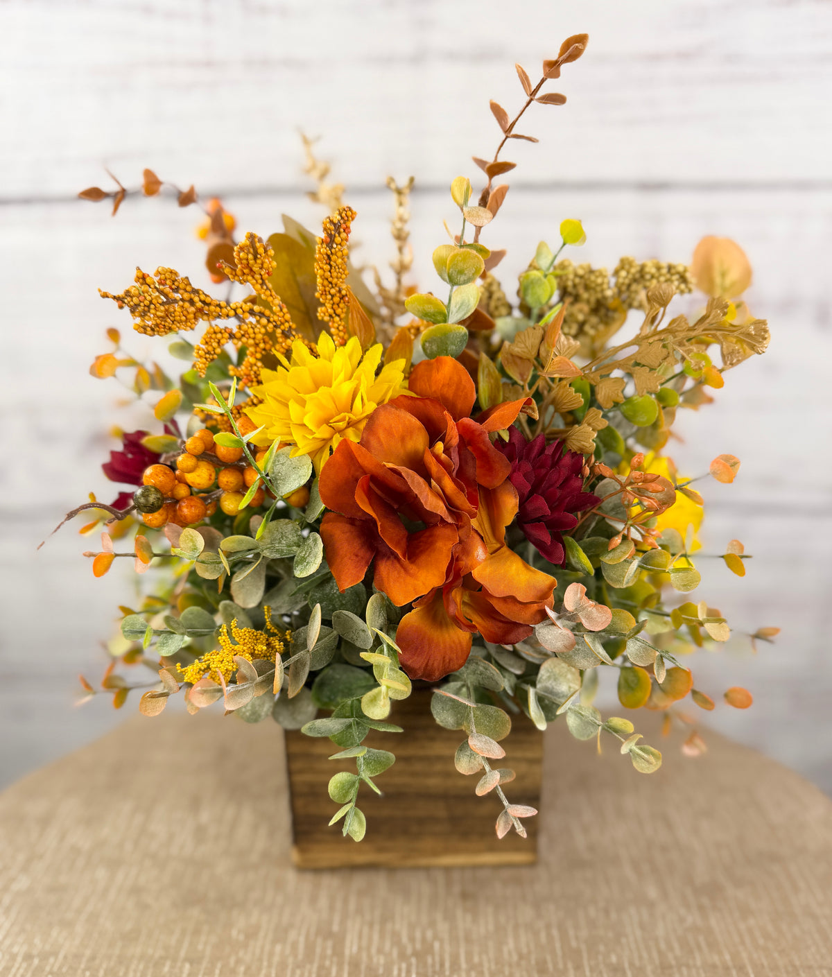 Autumn Grove Fall Floral Arrangement | Wood Cube Centerpiece