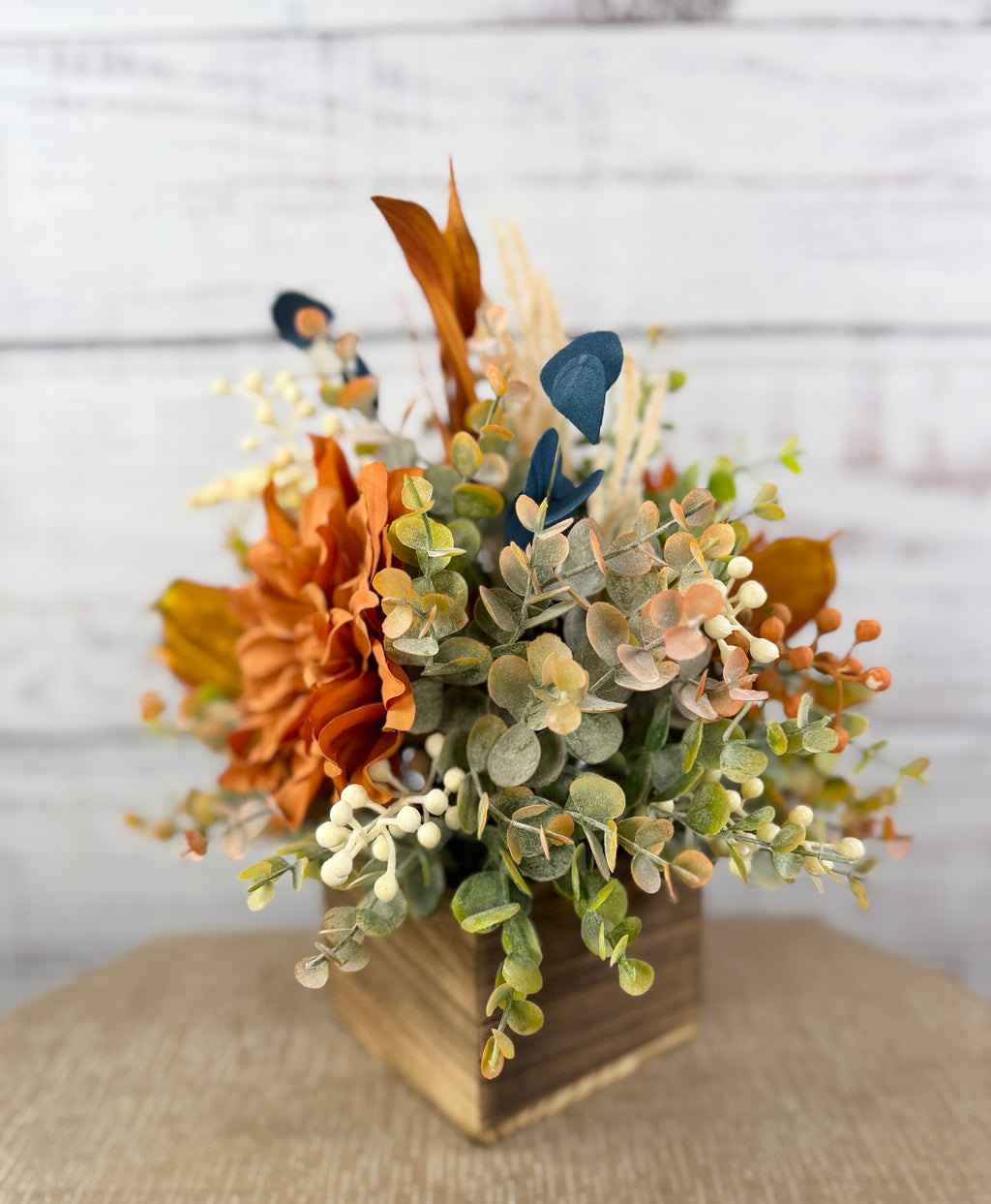 Autumn Blue Fall Floral Arrangement in Wood Cube
