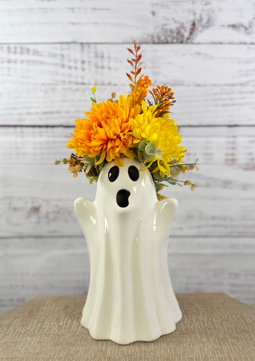 Harvest Haunt – Ceramic Ghost Fall Floral Arrangement