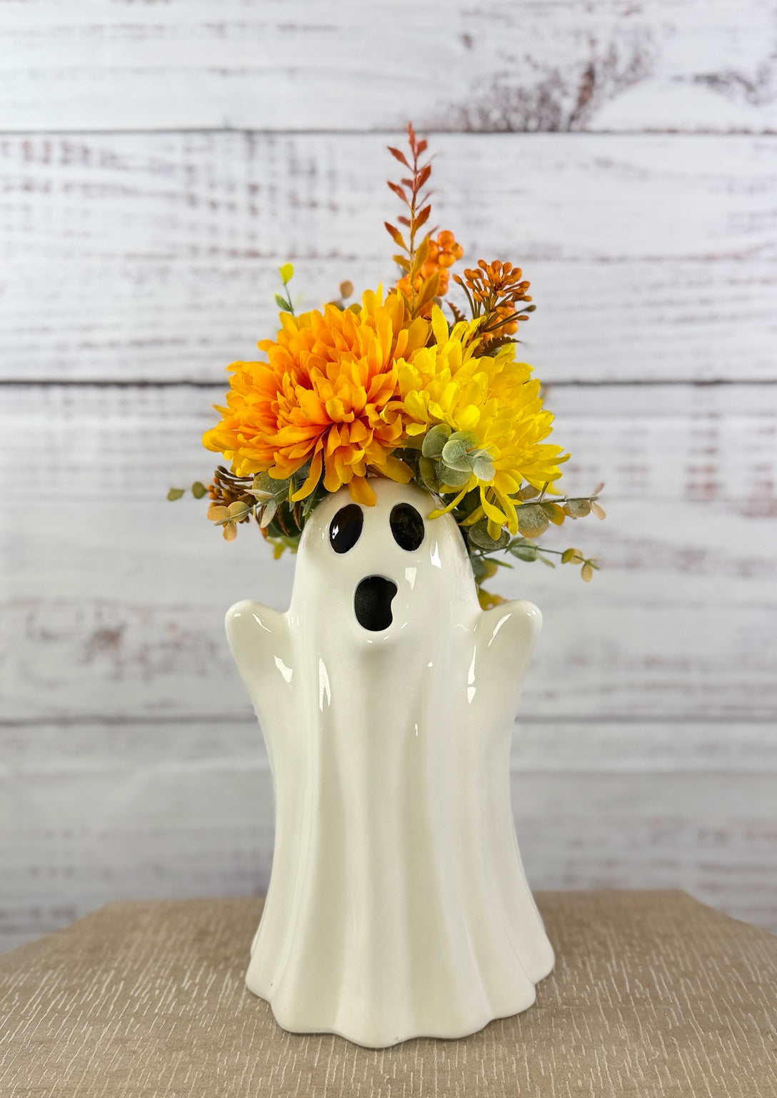 Harvest Haunt – Ceramic Ghost Fall Floral Arrangement